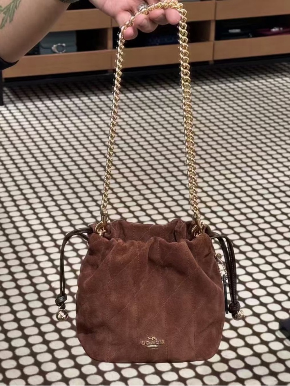 NWT Coach Faye Brown Suede Mini
Drawstring Bucket Bag with Gold Chain
